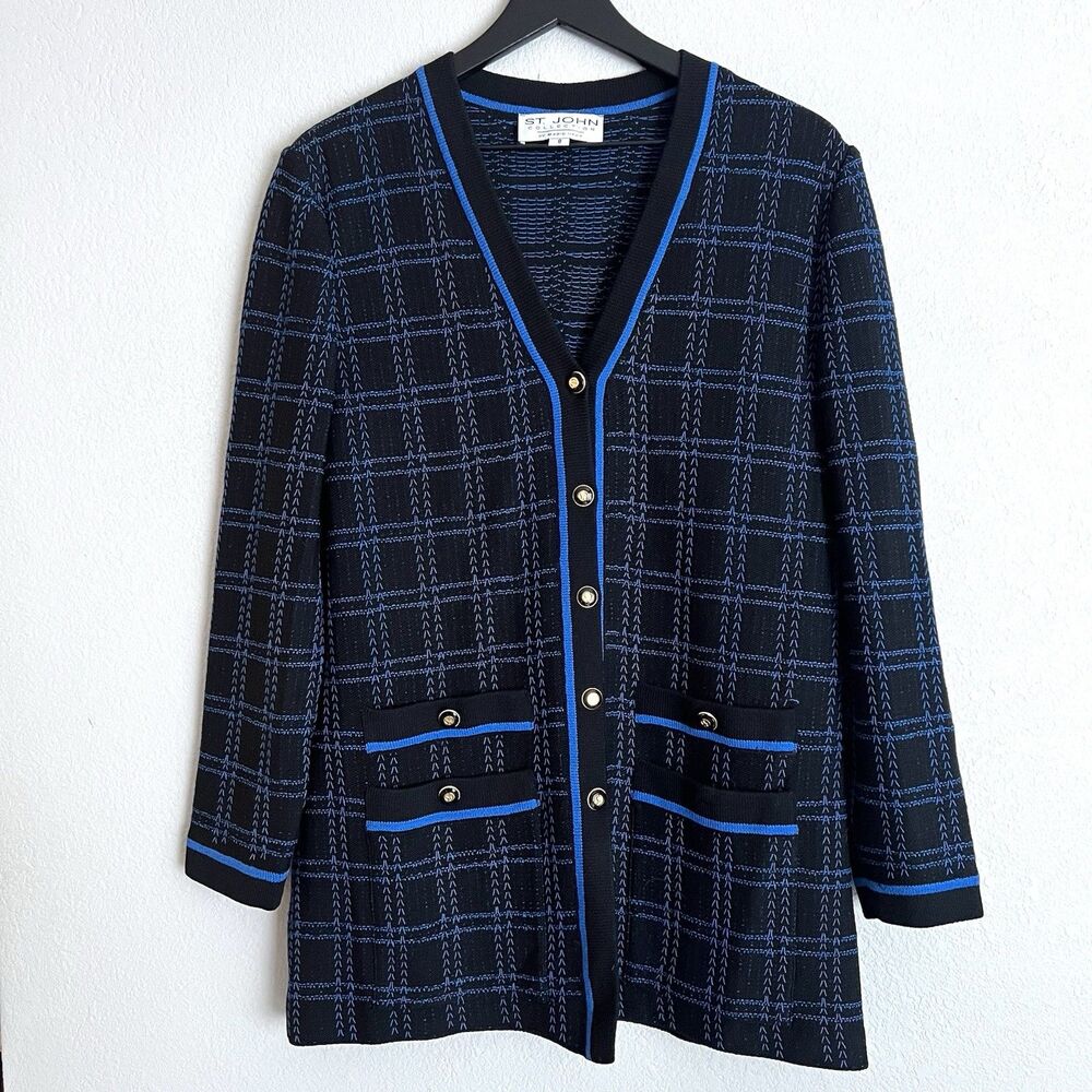 St John Plaid Long Cardigan Sweater Size 8 Black Blue